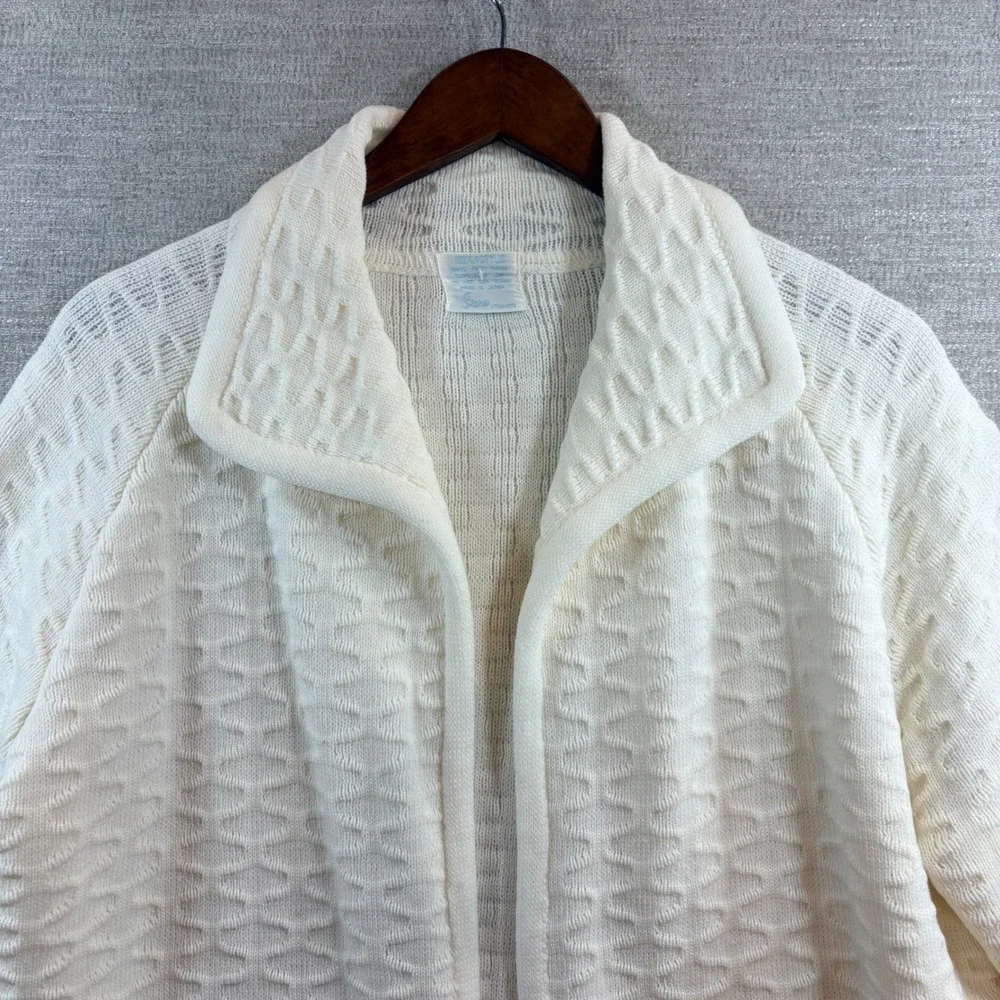 Vintage Granniecore‎ Dainty Ivory Honeycomb Knit Open Front Cardigan Sweater LG